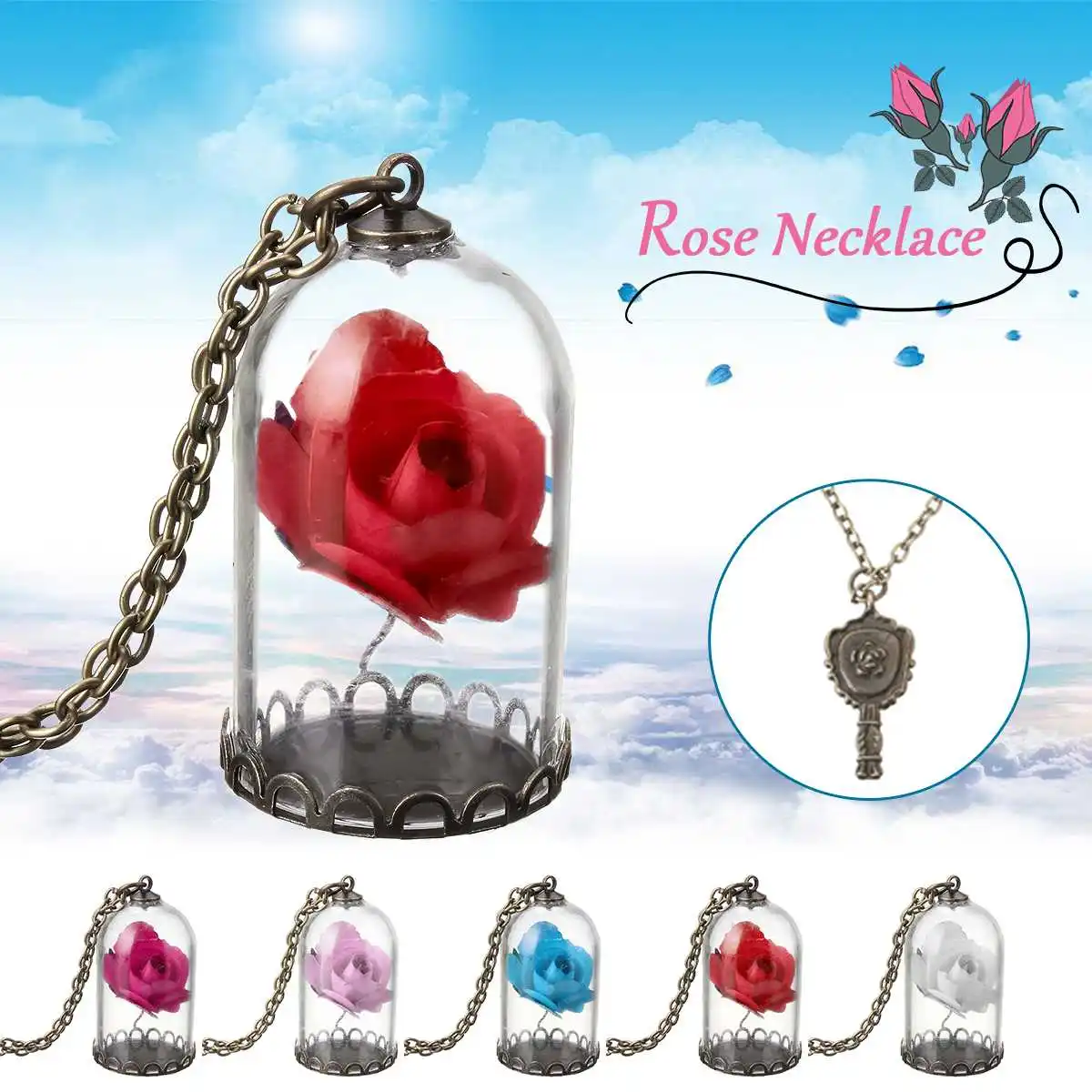 

Immortal flower Rose Necklace For Lover Beauty And The Beast Enchanted Fairy Tale Belle Glass Cover Prop Valentine's Day Gift
