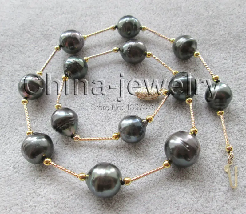 

bjc 000139 17" 13mm natural baroque south sea water Tahitian pearl necklace -14k gold clasp