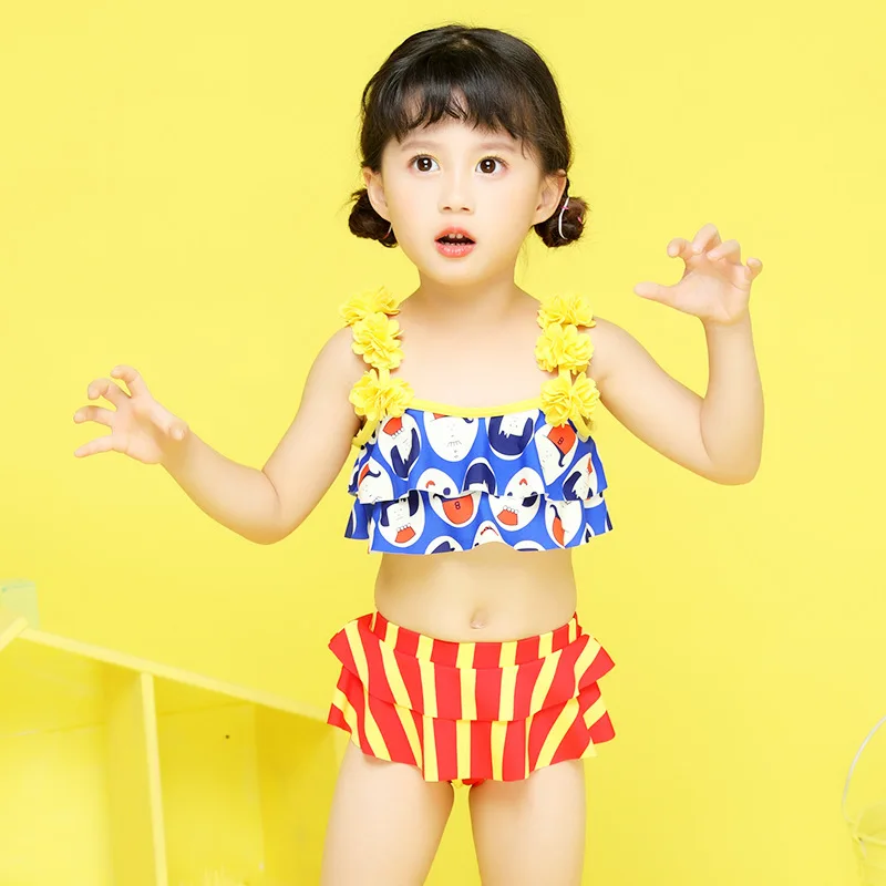 Toddler Kids Apparel Ruffle Blue Swimsuit Two Piece Suit Girls Swimsuit