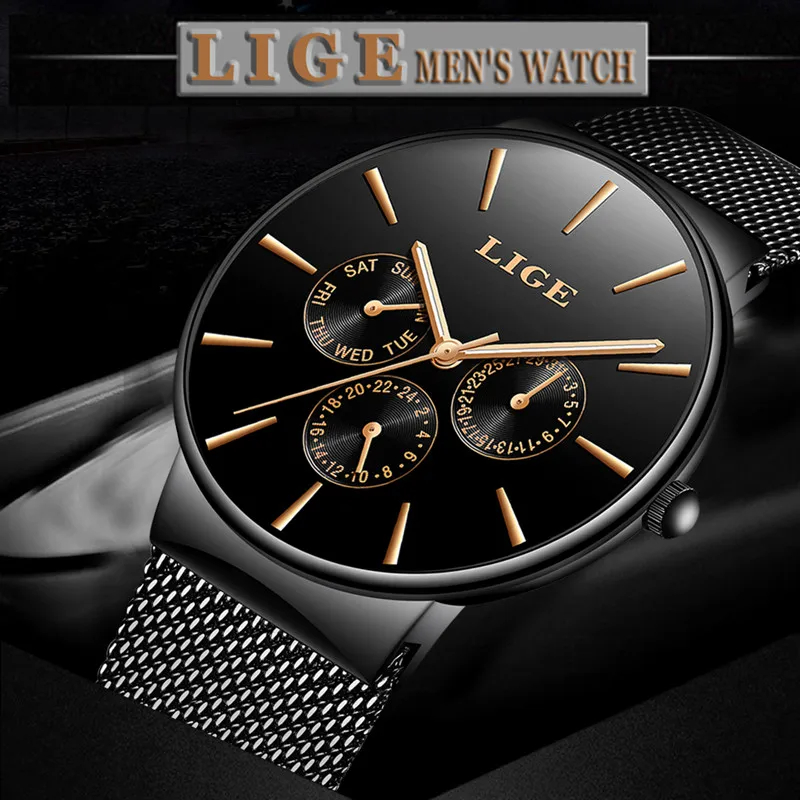 

LIGE Fashion Sport Quartz Luxury Waterproof reloj hombre Top Casual Brand Steel Mesh Belt Clocks Calendar relogio masculino+Box