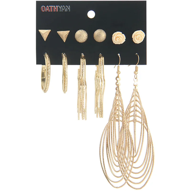 

OATHYAN 6 Pairs/Set Personalized Women's Triangle Geometric Big Earrings Sets Mix Ladies Punk Gold Color Metal Stud Earring Gift