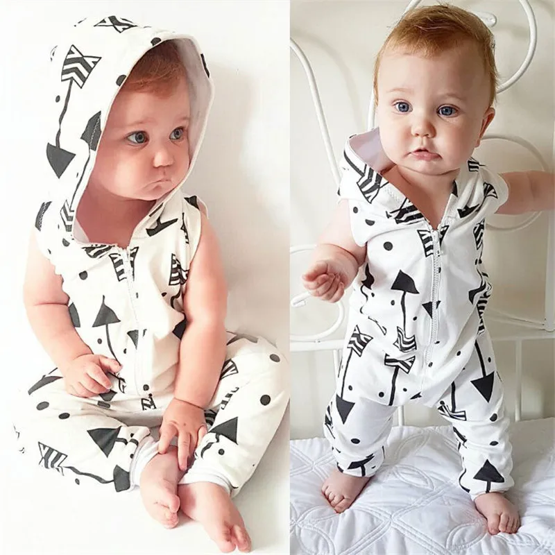 

Infant Baby Boy Kid Clothing Hooded Sleeveless Romper Arrow Cute Zipper Jumpsuit Outfits Baby Boys Clothes