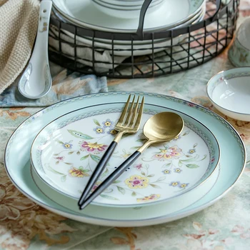 

2pcs set, 8 + 10 inch, fine bone china dinner plate sets, ceramic servies set borden, porcelain floral platter buffet dishes