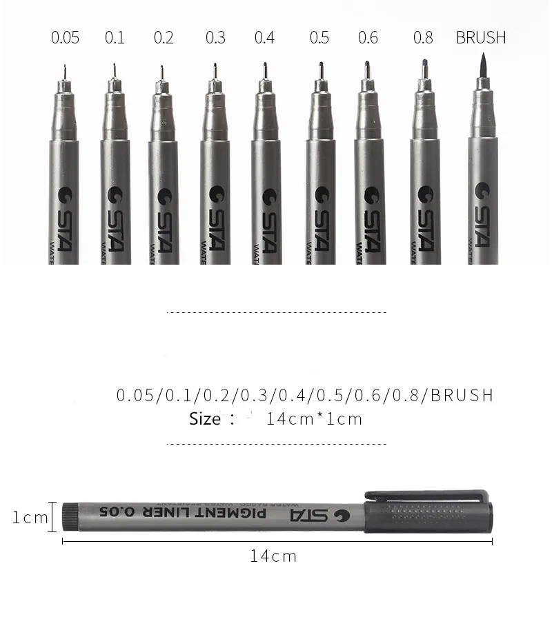 Цельнокроеное платье пигмент лайнер Pigma Micron чернил производитель ручки 0,05 0,1 0,2 0,3 0,4 0,5 0,6 0,8 различных наконечников черный тонколинейная ручка для эскизов