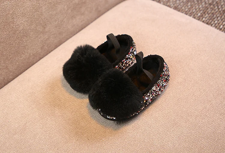Хлопчатобумажная обувь для девочек; коллекция года; сезон осень-зима; кашемировая обувь с блестками из кожи в Корейском стиле; обувь принцессы с кроличьим мехом; очень мягкая и удобная обувь