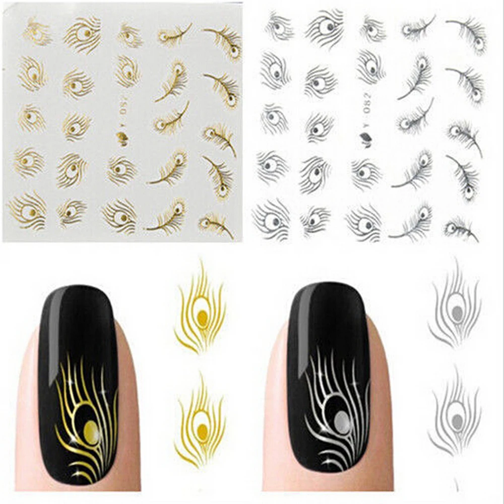 2 sheets Nail Art Gold & Silver Feather Decals Nails Water Transfer