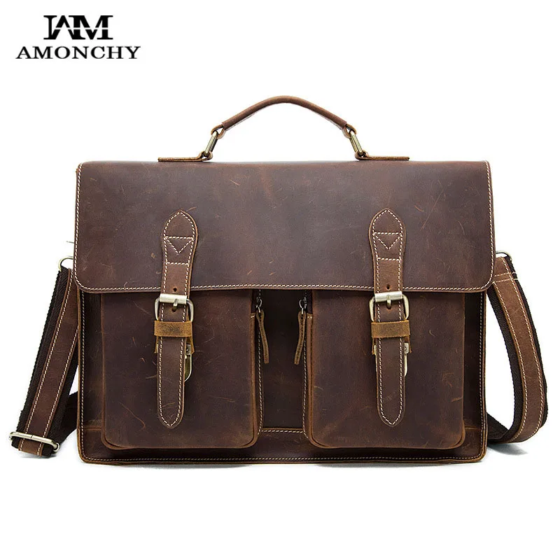 2016 New Men Genuine Leather Bags Vintage Men Shoulder Bags Crazy Horse Leather Handbags Male Laptop Bag Business Briefcase HM52