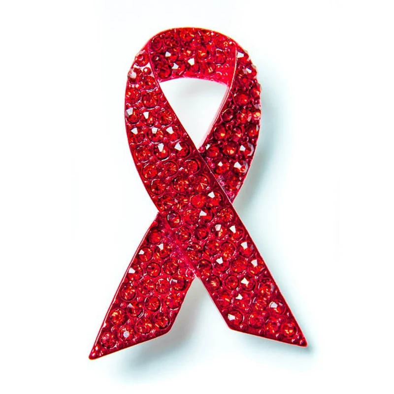 

PBR036(1), Red Ribbon Brooches For World AIDS Day HIV Rhinestones Gold Color Zinc Alloy Men Women Brooch Pins