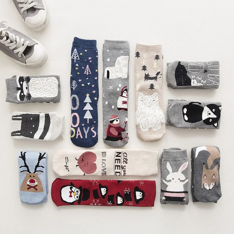 

2019 Autumn Winter Warm Terry-Loop Cat Bear Cute Socks Cartoon Animals Patterns Series Funny Socks Warmer Christmas Sox Gift