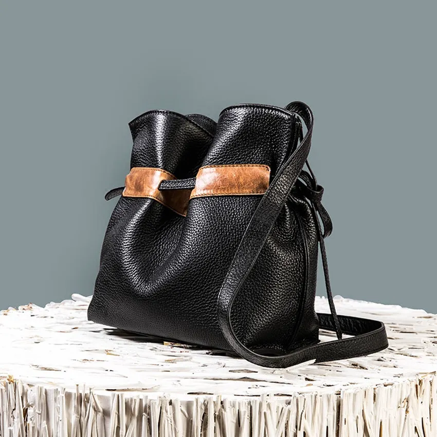 

Brand New Genuine Leather Cow Leather Bucket Bag Korean Fashion Handbag Casual Shoulder Bag For Girls Party Messenger Bags Gift