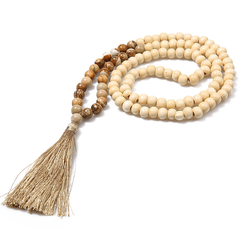 SHINUSBOHO длинное ожерелье с кисточками для женщин, ручная работа, 8 мм, полудрагоценные камни и дерево, бисерное ожерелье, ювелирные изделия дружбы для женщин