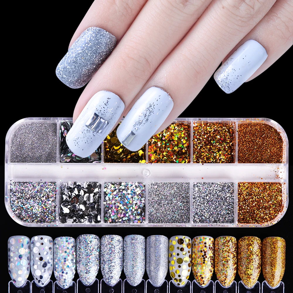 

1 Set Gold Silver Mix Nail Art Glitter Powder Chrome Pigmnet Dust Laser Round Sequins Tips Manicure Nail Craft Decoration SAT