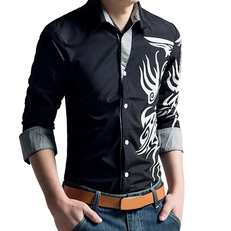 

LASPERAL Men's Long-Sleeved Dress Shirt Men Dragons Printed Business Social Casual Shirt Slim Fit Large Size Chemise Home