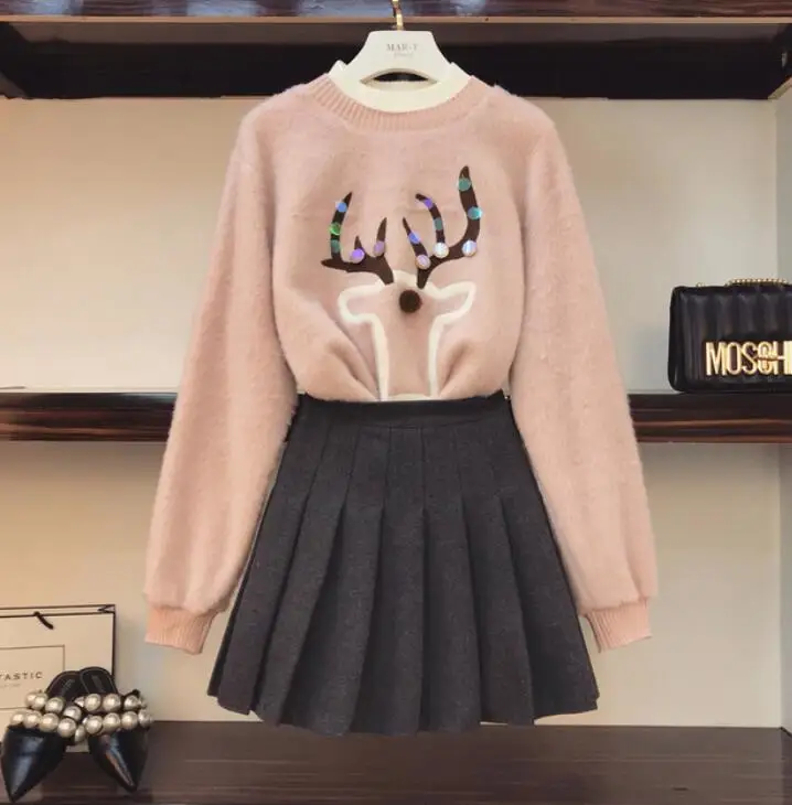 

2018 Autumn Winter Women's Two Piece Sets New Deer Pattern Plush Thickened Jacket + Pleated Skirt Students Skirts Set Outfits