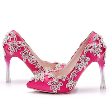 

Rose Red Women Wedding Shoes High Heels 10.5CM Studded Crystal Bridal Party Shoes Sexy Pointed Toe Patent Leather Lady Pumps