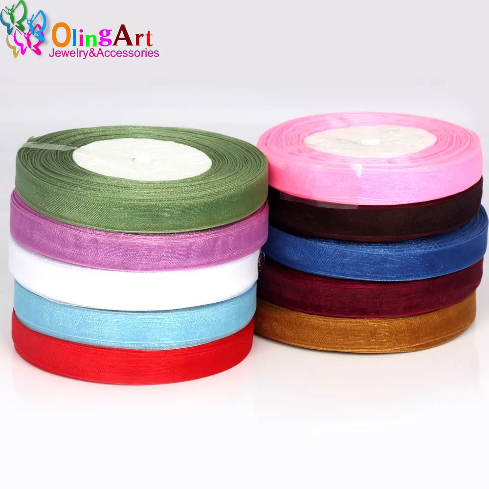 Olingart 12mm 5m/rolls 6rolls/lot Multicolor Rope Necklace Organza Polyester Ribbon For Wedding
