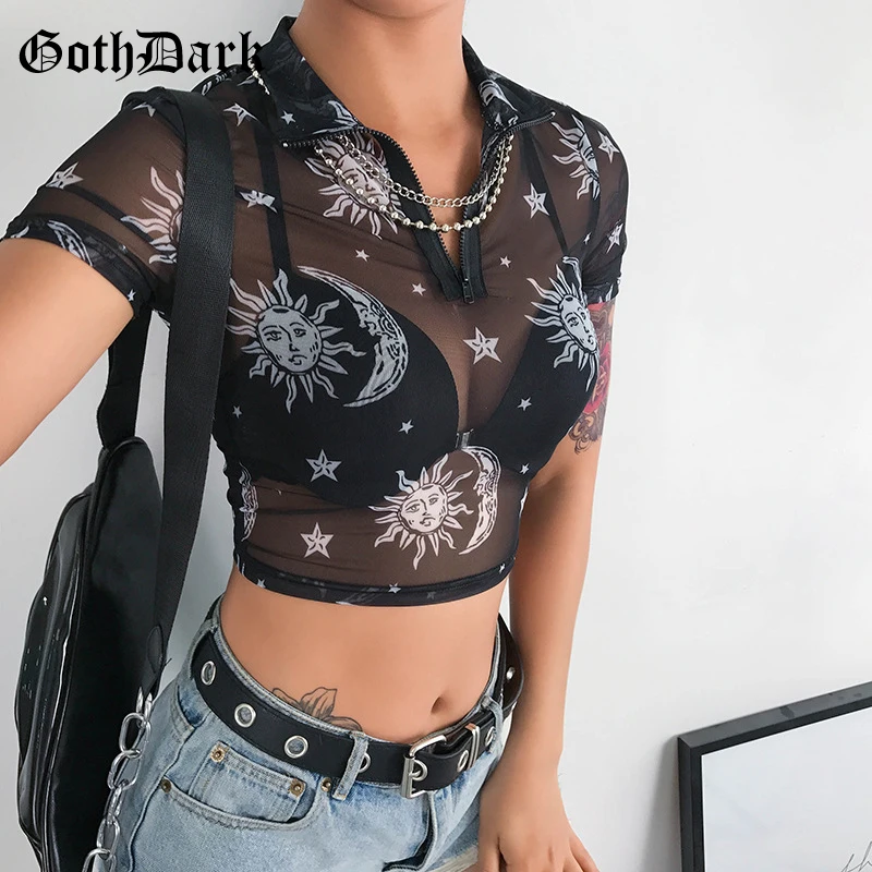 

Goth Dark Aesthetic Crop Top Black T-shirts Gothic Transparent Hollow Out Mesh Vouge T-shirt For Women Patchwork Zipper Vintage