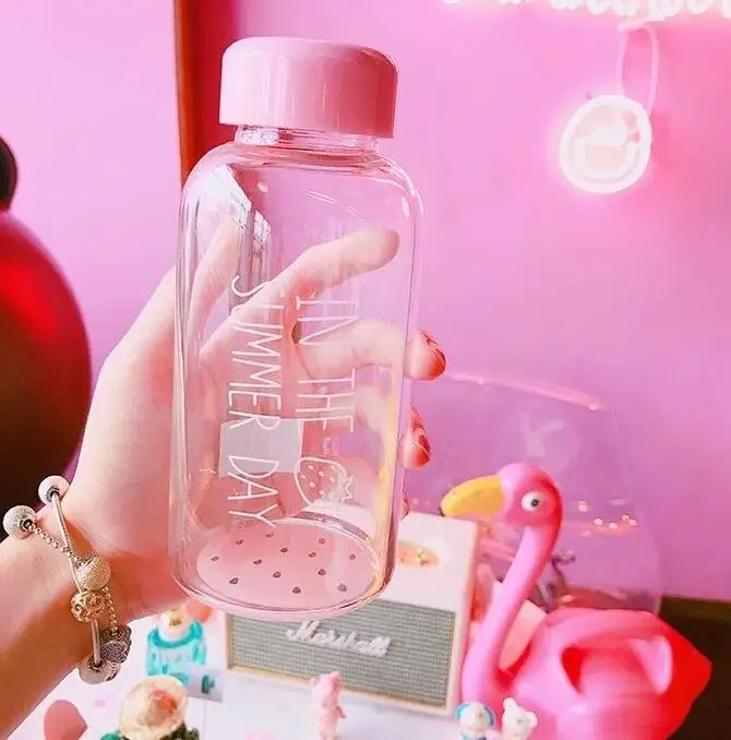 TECHOME стеклянная бутылка для воды в виде клубники, мультяшная милая розовая бутылка, прозрачные питьевые бутылки, Студенческая портативная уличная бутылка - Цвет: 4