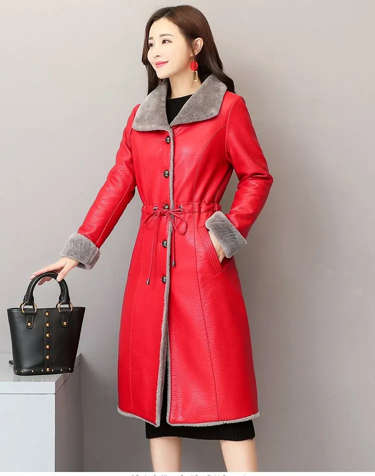 Азиатский модный кожаный женский плащ, длинный дизайн, зимняя меховая женская роскошная кожаная куртка, верхняя одежда, тонкая теплая кожаная одежда