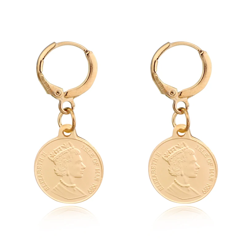 

Europe Gold Color Circle Queen Head Hoop Earrrings Geometric Round Beauty Earstud Women Jewelry Small Pendant Earrings E83