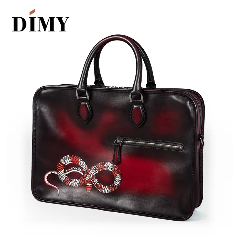 

DIMY Dutch calfskin Briefcase Mens Leather Vintage Laptop Bag Snake Pattern Handbag Patina Bags Shoulder Bag Zipper Male D9042-1