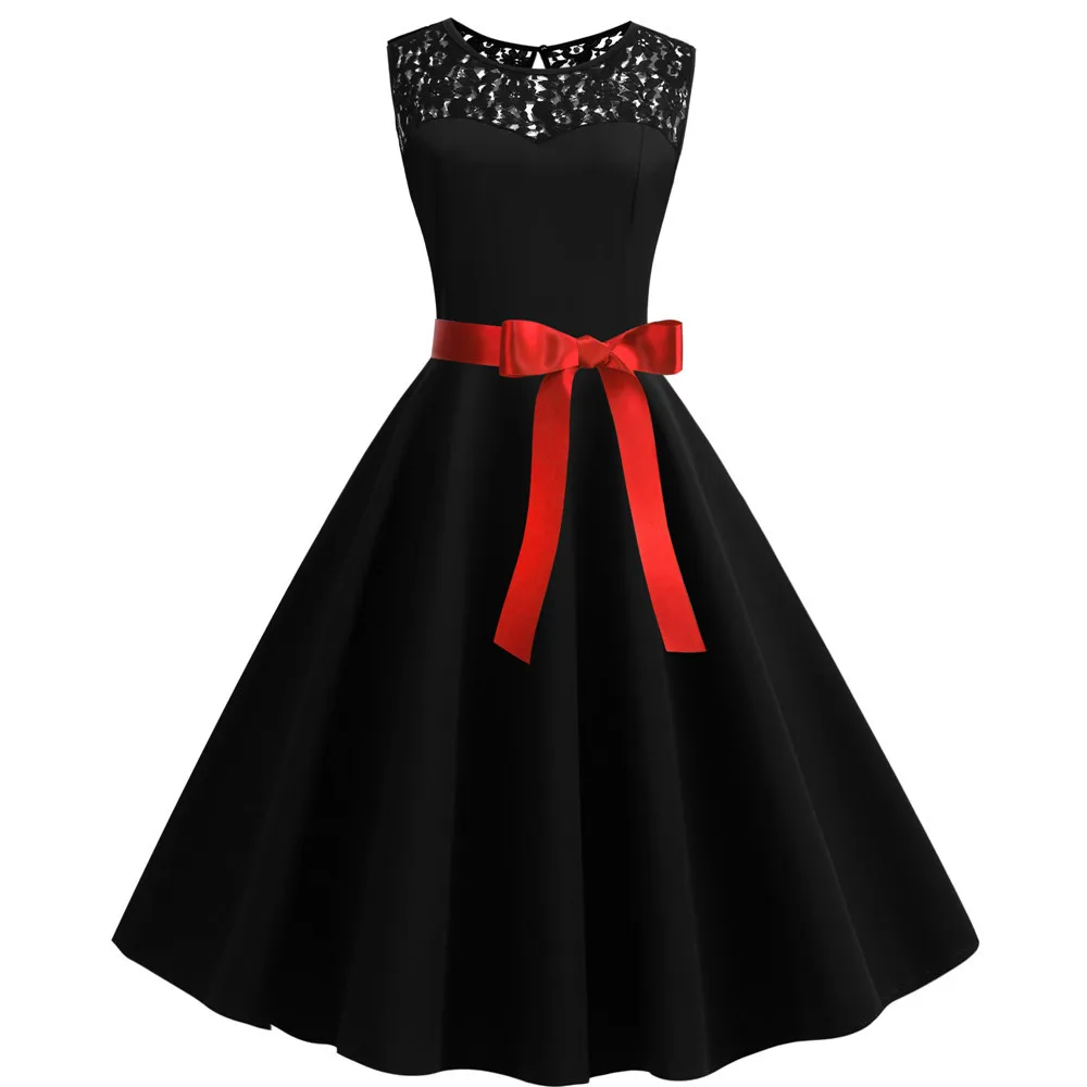 Женское летнее платье в стиле ретро, 50S 60 S, винтажное платье на булавке, элегантное вечернее платье без рукавов, Повседневное платье размера плюс, Черное Кружевное Платье Vestidos