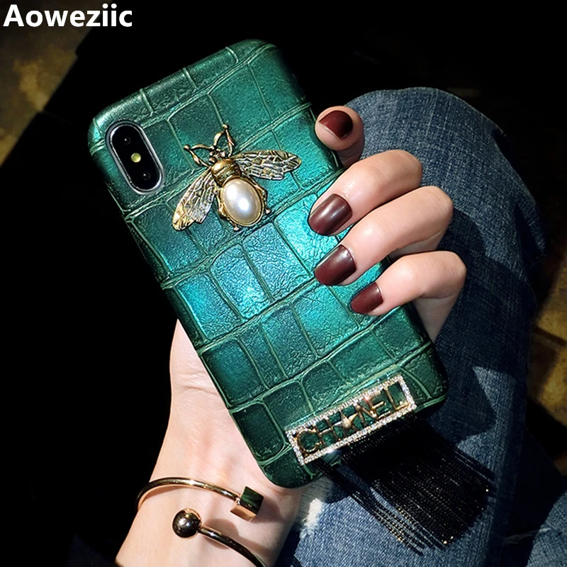 Aoweziic 3D pearl metal bee diamond Glitter letter tassel crocodile leather PU hard phone case For iphone 6s 7 8plus X XR XS MAX