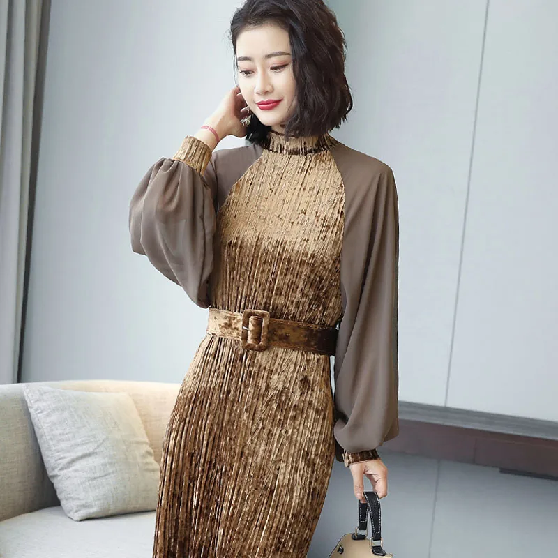 

Spring Fall Fashion Women Lantern Sleeve Stand Collar Black Velour Dress , 2017 Woman Slim Patchwork Vintage Sash Velvet Dresses