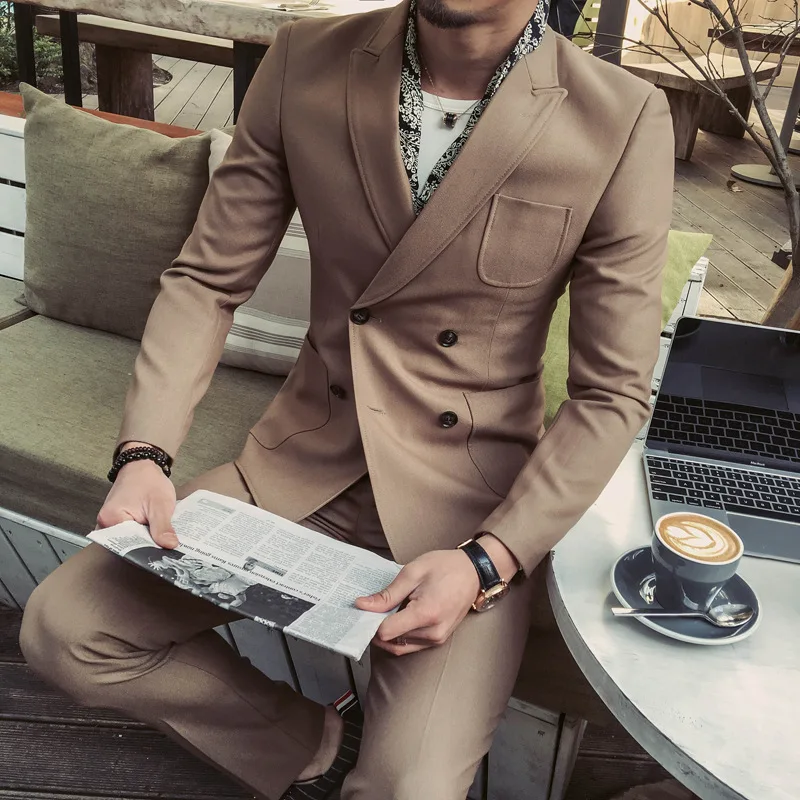 High-Quality-Vintage-Men-Korean-Slim-Suits-Jacket-Men-s-Two-piece-Stretch-Blazers-Dark-Green