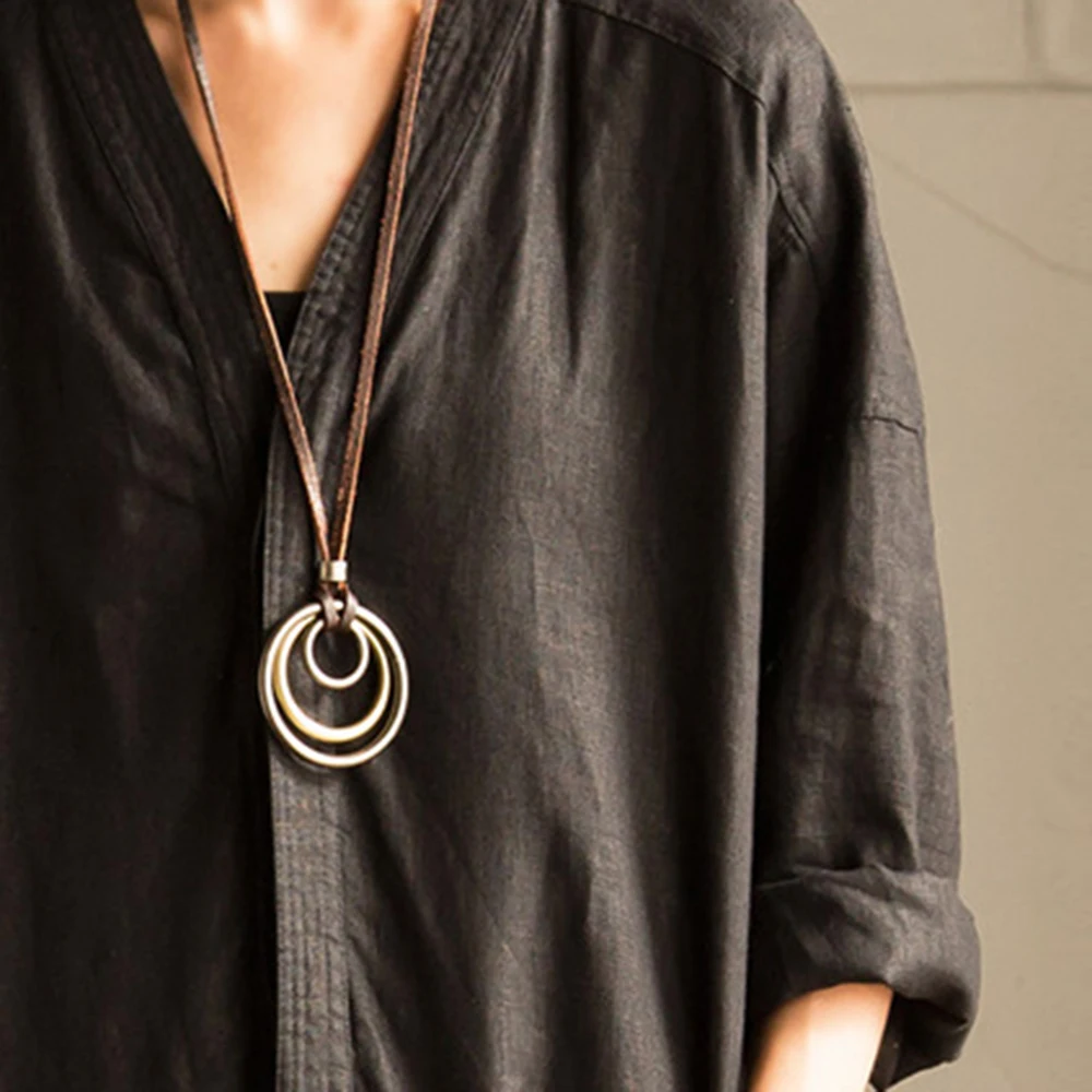 

Fashion Punk Vintage Leather Choker 3 Circles Pendants Jewelry Sweater Necklace 80cm Clothes Decor
