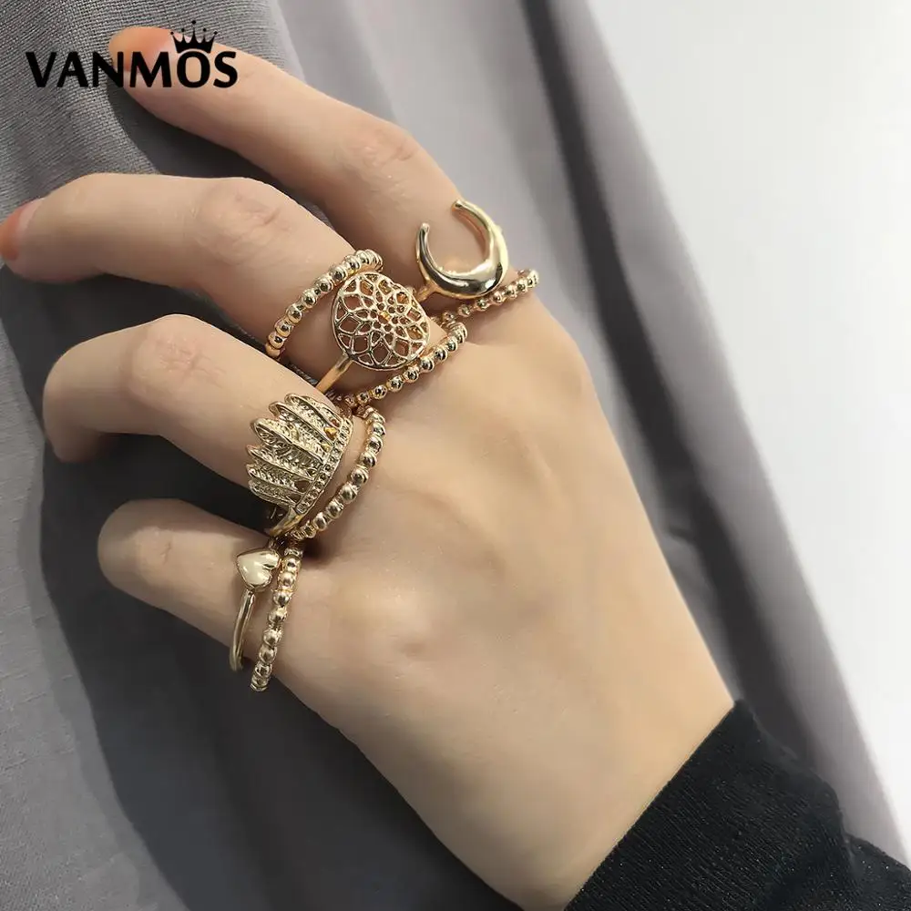 

Vanmos Bohemian Vintage Gold & Silver Color Women Rings Set Charm Ladies Wedding Party Finger Jewelry Gift