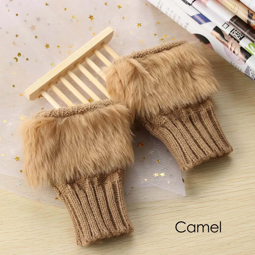 1-Camel Зимние осенние теплые модные наручные перчатки для девочек из искусственного кроличьего меха, вязаные женские вязаные варежки без пальцев, перчатки с открытыми пальцами - Цвет: 1-Camel