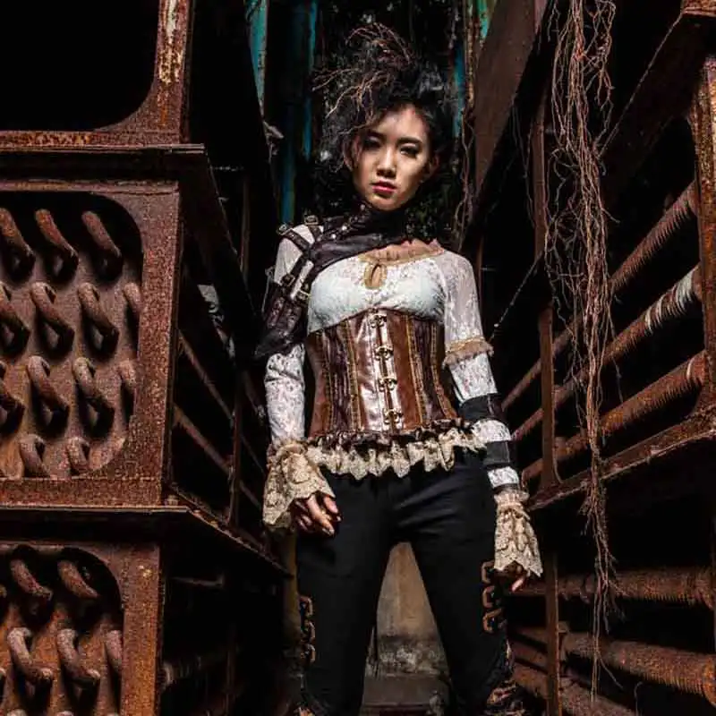 CORZZET Brown PU Leather Rivet Arm Buckled Armor Warmer Corsets & Bustiers Steampunk Gothic Accessories For Cosplay Halloween