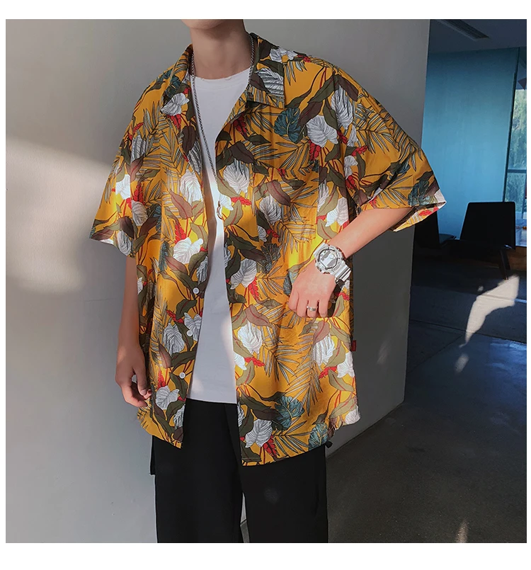 2019 корейский стиль лето Мужская Мода Тренд короткий рукав гавайская рубашка мужской французская запонка бренд хаки/темно-синий/желтые