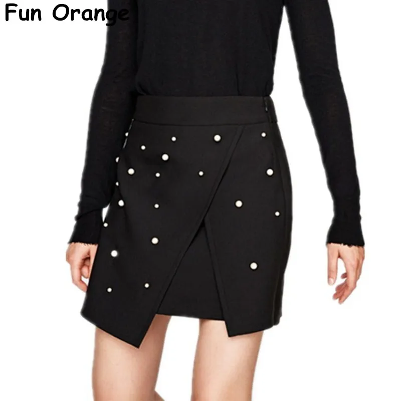 Fun Orange Elegant Beading Mini Skirt Women Pearl Irregular Split High Waist Skirt Spring