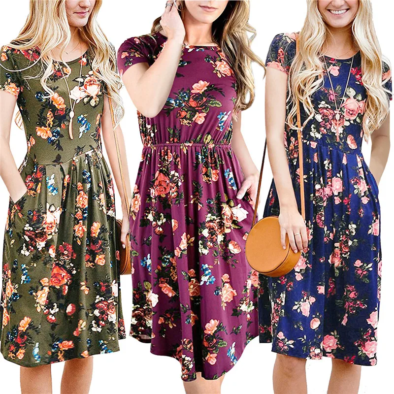 Women New Summer Floral Printed Sheath Dress Female Knee Length Dresses Casual Pockets Elastic