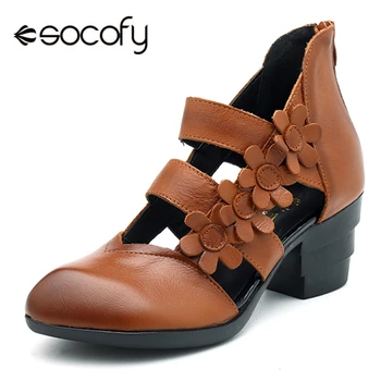 

Socofy Hollow Out Genuine Leather Sandals Women Shoes Vintage Block High Heels Gladiator Sandals Summer Casual Shoes Woman New