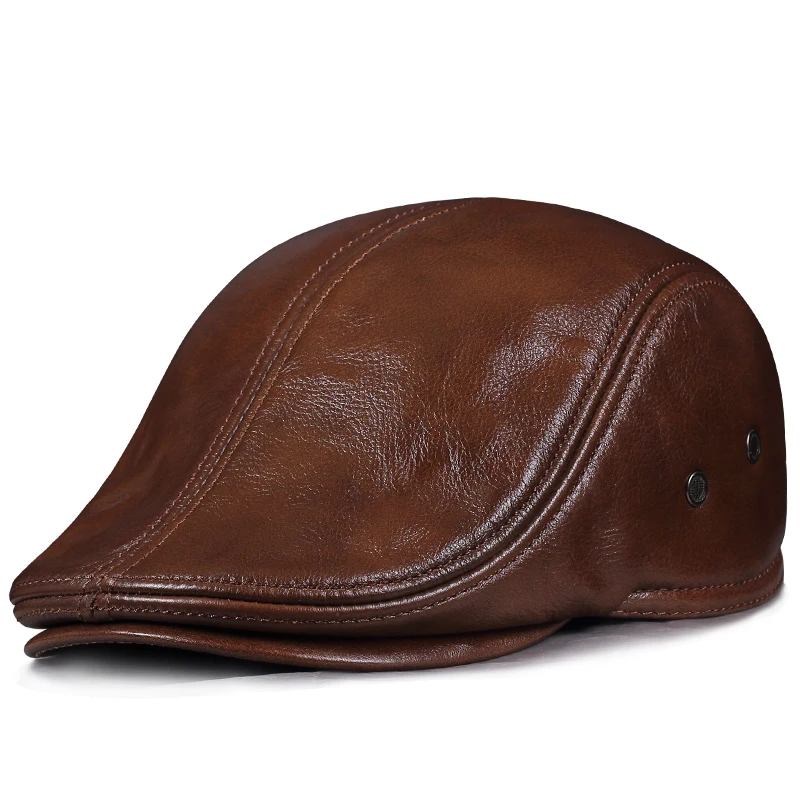 

2017 New Design Men's 100% Genuine Leather Cap brand Newsboy /Beret /Cabbie Hat/ Golf Hat winter warm hats with ears