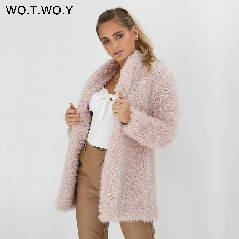WOTWOY Winter Thick Warm Faux Fur Coat Women Casual Soft Long Fur Jacket Women 2018 Autumn Teddy Coat Female Pink Outerwear New Coats