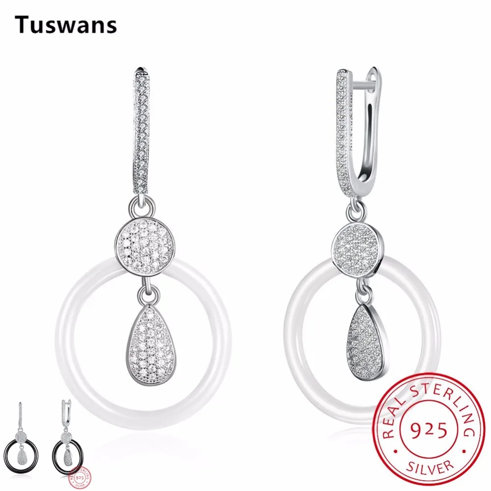 

Delicate Round Ceramic with Water Drop Inlay CZ 925 Sterling Silver Women's Earrings Ceramic Black And Withe(TSCE003)