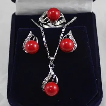 

Lovely Women's Wedding Jewelry red coral shell pearl crystal pendant necklace earring ring jewelry set 5.23 5.23