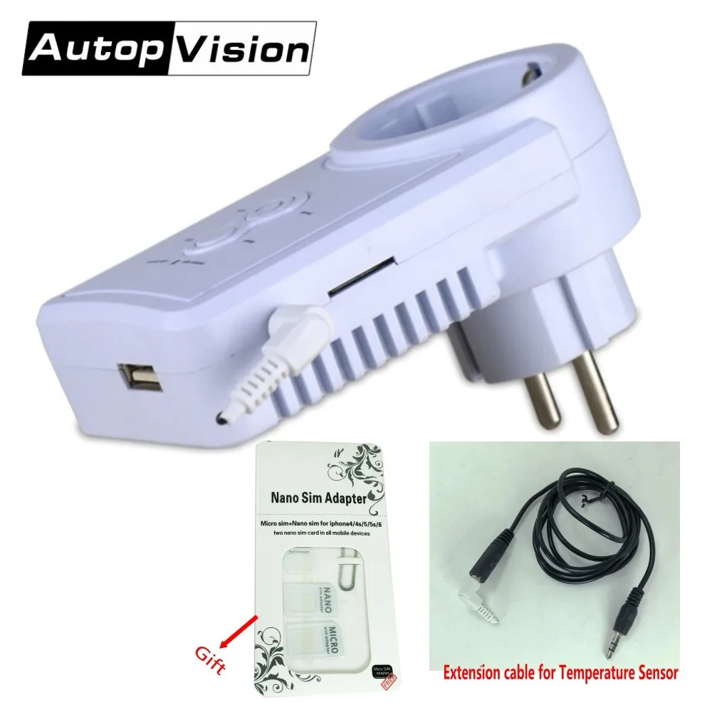 Achat Russe Anglais SMS Contrôle GSM Plug Power Socket Avec Câble D extension Température Capteur Smart Switch Sortie soutien Sim Carte