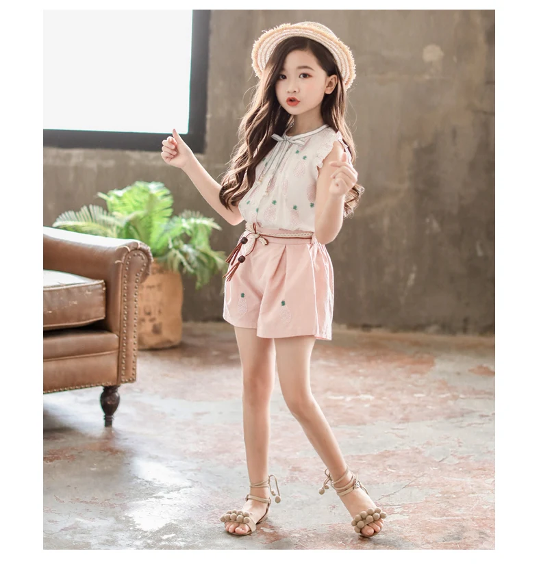 Children Girls Vest Pullover Blouse and Shorts Summer Clothing Sets Pink Green Korean Style 2-8Y kids clothes Baby Toddler Set