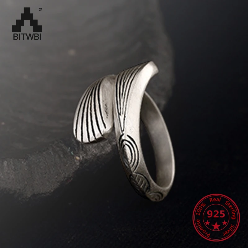 

High Quality 990 Silver Adjustable Rings Retro Classical Matte Leaf Open Ring for Women Jewelry