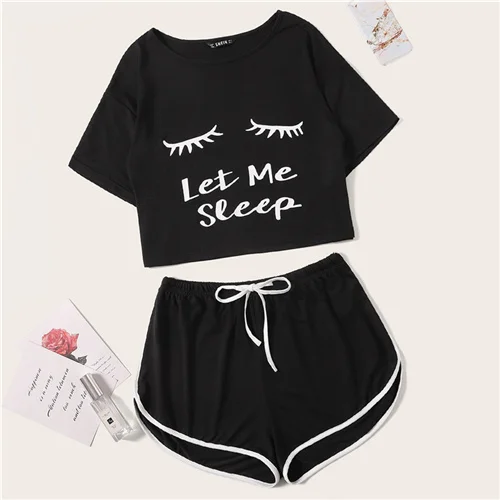 Black SHEIN, черная футболка с рисунком, шорты в полоску, PJ, круглый вырез, короткий рукав, набор,, летняя женская пижама в стиле пэчворк - Цвет: Black