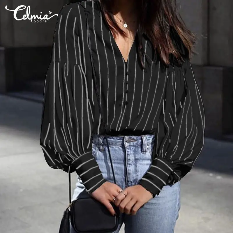 

Top Fashion Women Sexy V neck Long Sleeve Striped Blouse 2019 Celmia Autumn Shirts Casual Buttons Loose Female Blusas Oversized