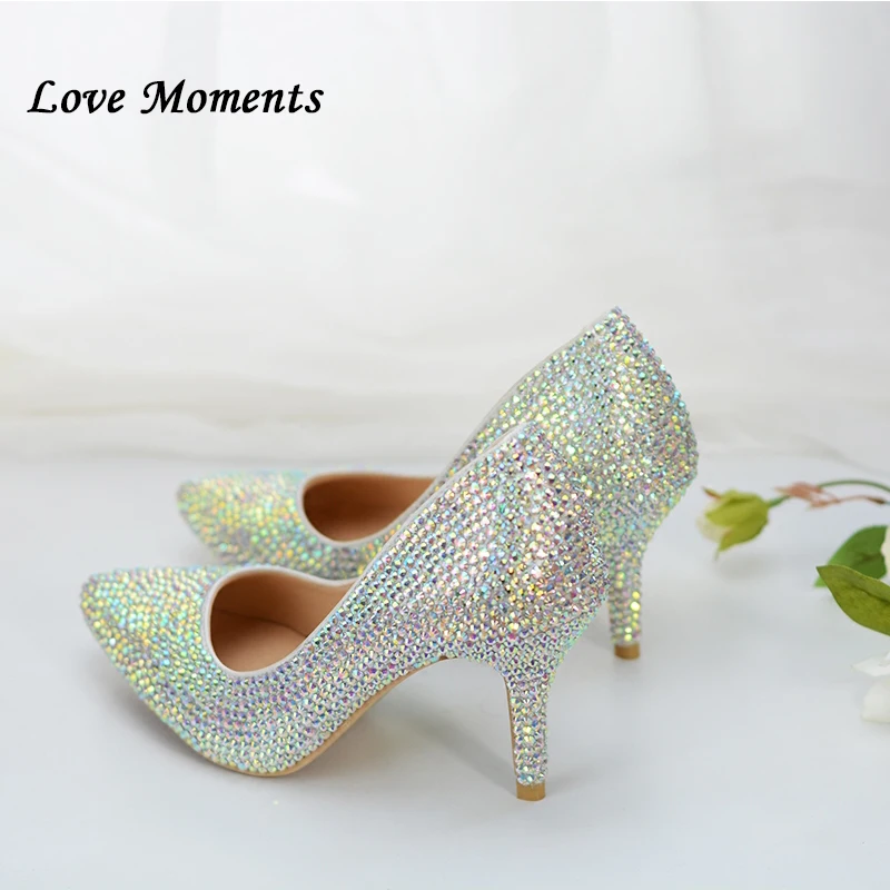 

New arrival AB color rhinestone bridals wedding shoes pointed toe single shoes girl party pums 8cm heel shoes women