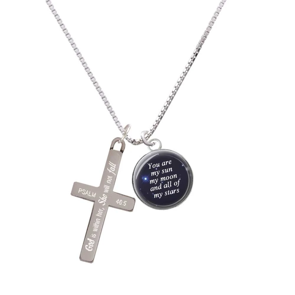 Domed You are My Sun, My Moon - She will not Fall - Cross Necklace