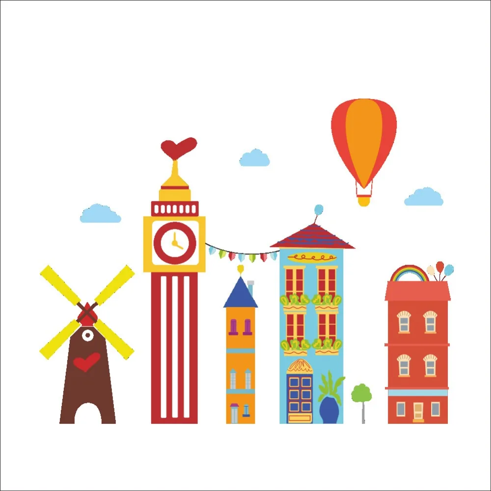 Free shipping 2style Colorful building windmill Hot air balloon wall stickers kids nursery home decor cartoon wall decals mural