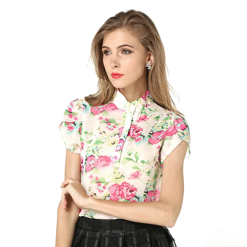 halter printed chiffon short sleeve blouse